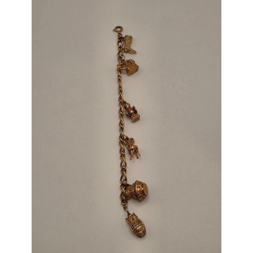 Vintage Avon Gold Tone Figural‎ Charm Bracelet Owl Telephone Boot Chair 7.5 Inch
